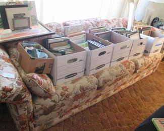Boxes FULL of Picture Frames + Neutral-Colored Floral Sofa