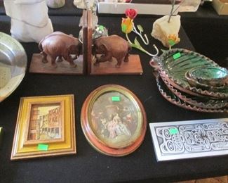 Elephant-Themed Bookends + Set of Mexican Glazed Pottery Trays