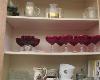 Cranberry & Ruby Red Stemware + MCM Gold Trimmed Mugs & Glasses