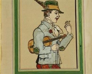 tbs antique Austrian fiddler painted on silk