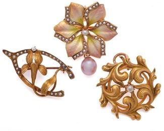 Three Art Nouveau Cultured Pearl Lapel Pins