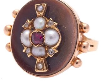 Victorian Hardstone, Diamond, Ruby, Pearl, 18k Ring