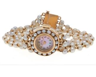 Lucien Picard Cultured Pearl, 14k Bracelet Watch