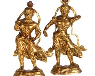 Pair of Nepalese Gilt Bronze Heavenly Guardians