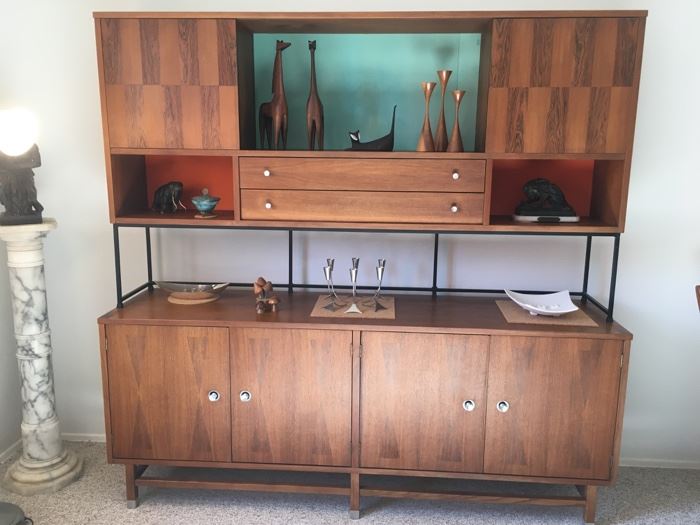 Large Wall Unit or Room Divider--Walnut and Rosewood--Awesome Mid-Century Piece! also 4-Foot Marble Pedestal w/cast Sculpture (Horned Moses?)