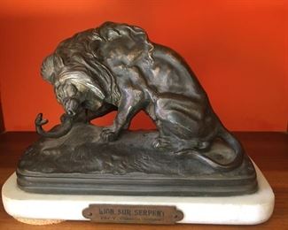 Antique Bronze w/Marble Base: "Lion Sur Serpent" Signed V. Chemin