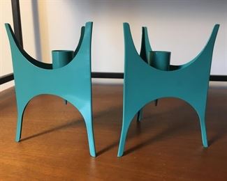 Pair MCM, 3-Legged, Turquoise Candle Holders