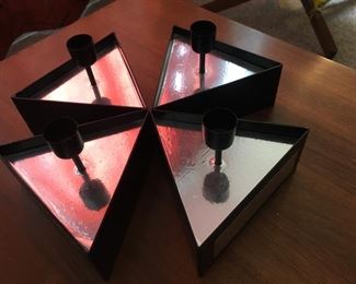 Set of Four, Mirror Topped w/Metal Base, Triangular Candle Holders--(arranged randomly)