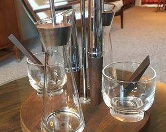 FABULOUS--we should charge admission just to gaze at this amazing ensemble-- Oil/Vinegar Cruets, Impaled S&P Shakers, and Condiment Cups w/Shim-Shaped Spoons--Chrome, Glass, and Wood--on a rotating base!
