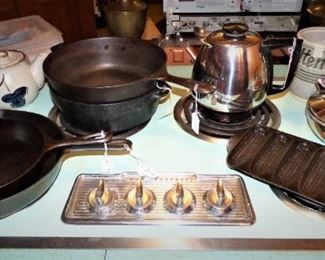 Cast Iron Skillets, Griswold Corn Bread Stick cast iron pan, Paul Revere Kettle, Towncraft Perculator