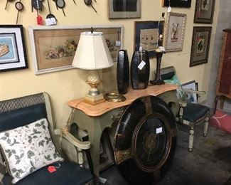 Console table, two of four Italian leather chairs, large clock