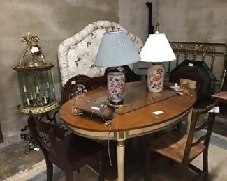Padded headboard, brass bed, table with two large leaves!