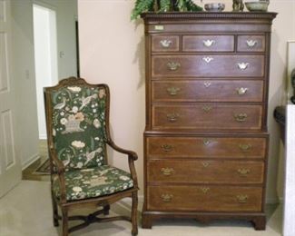 Fabulous While 9 drawer tall boy and Heckman chair with cane seat (with cushion), upholstered back.