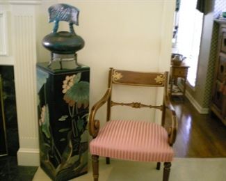 Lots of lovely chairs, a carved lacquer Asian pedestal and a contemporary Asian decorative pot