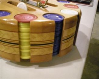 another vintage poker set with inlaid wood