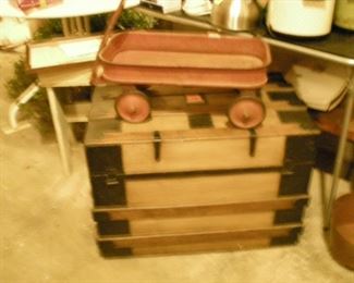 Another beautiful trunk and an antique American Beauty toy wagon