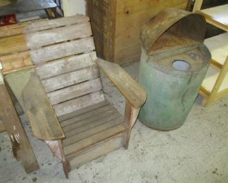 Wood chair and metal bucket