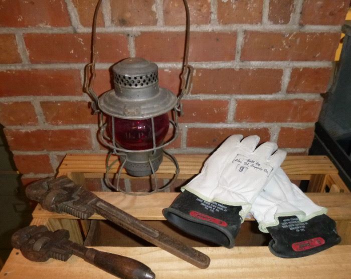 Antique Adlake-Kero, Union Pacific RR lamp, model 3-41, some vintage tools & Lineman Gloves