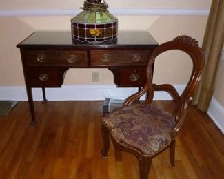 vintage vanity table, antique chair & one of his handmade stained glass lamps