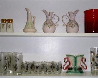 mid-century glass sets, Roseville, Lefton & more. The glass set on the right has been sold, the others are still available
