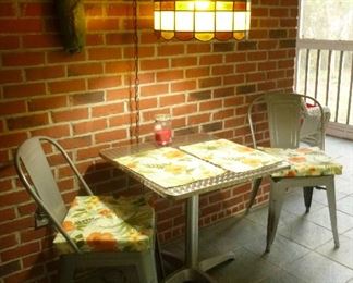 darling metal patio table set & a very pretty handmade stained glass hanging lamp