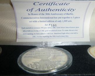 Barbie Special 30th Anniversary Commemorative Coin Set in .999 Silver with 24K gold Accents, #191 of a Limited Edition of 1,000