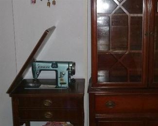 vintage sewing machine & nice china cabinet