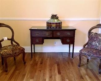 antique vanity w/glass top & a pair of beautiful antique chairs