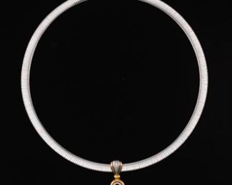  Italian TwoTone Gold and Diamond Reversible Omega Choker Necklace with Gold, Blue Sapphire and Diamond Slider 