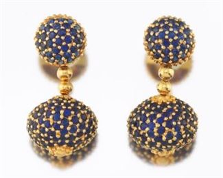  Ladies Gold and 2325 CT Blue Sapphire Pair of Lantern Earrings 