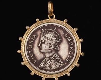 1879 Victoria Empress One Silver Rupee in Gold and Diamond Frame Pendant 