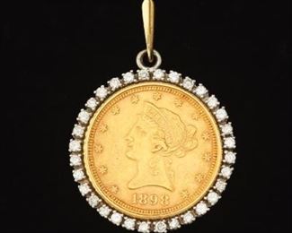 1898 $10 Liberty Gold Coin in Gold Bezel with Diamonds 