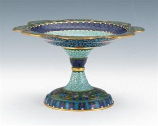 A Green Goldstone Cloisonne Tazza with Flowers