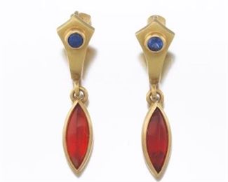 A Pair of Gold, Sapphire and Orange Citrine Earrings 