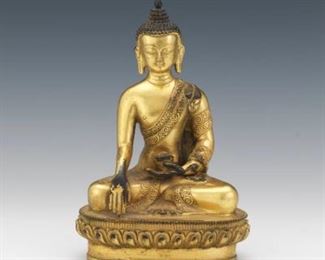 Antique Tibetan Gilt Bronze Sculpture of Medicine Buddha