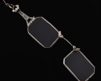 Art Deco Platinum, Diamond, Camphor Glass and Black Onyx Foldable Lorgnette on Long Chain 