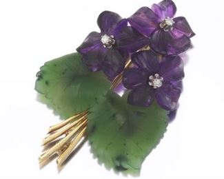 Carved Amethyst, Diamond and Nephrite Jade Pansy Brooch 