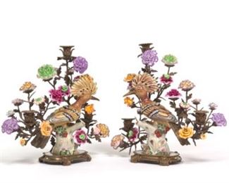 Castilian Pair of Porcelain and Bronze Bird and Flower ThreeLight Candelabra