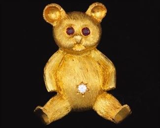 Charming Teddy Bear Brooch with Rubies and a Diamond 