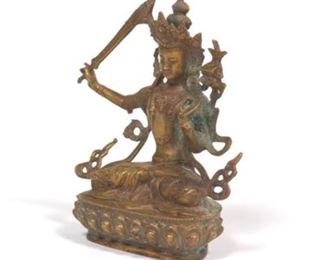 Chinese Bronze Copper Alloy Sculpture of Avalokitesvara with Sword on Lotus Throne, Qianlong Marks 