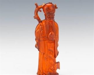 Chinese Carved and Signed Amber Figure of Immortal God of Longevity Shou Lao, Daoguang Marks 