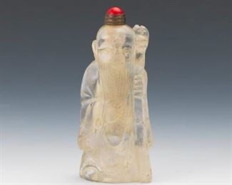Chinese Carved Rock Crystal and Coral Snuff Bottle, God of Longevity Shao Lao, Presentation Box 