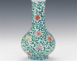 Chinese Ducai Porcelain Enameled Bottle Vase, Apocryphal Qianlong Marks, ca. Qing Dynasty 
