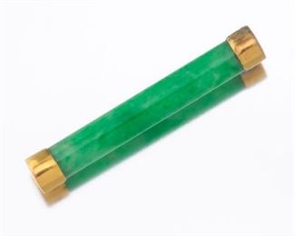 Chinese Gold and Green Jadeite Jade Tubular Bar Pin 