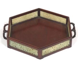 Chinese Rosewood and Carved Hardstone Hexagonal Tray with Handles 