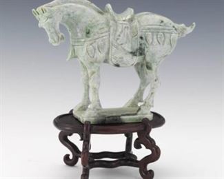 Chinese Tang Dynasty Style Carved Celadon Hardstone Horse Sculpture, on Rosewood Stand 