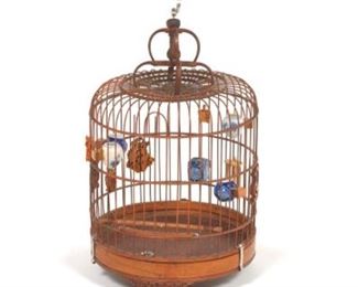 Chinese Vintage Bamboo and Boxwood Bird Cage with Five Porcelain Blue and White Feeders