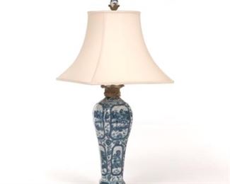 Chinoiserie Style Castilian Blue and White Porcelain and Patinated Brass Lamp with Silk Shade 