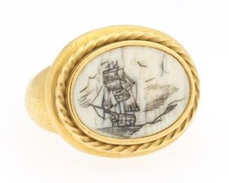 Custom Made Gold and Skrimshaw Ring 