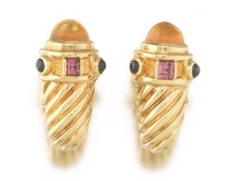 David Yurman Gold, Amber Citrine, Blue Sapphire and Pink Tourmaline Pair of Cornucopia Ear Clips 